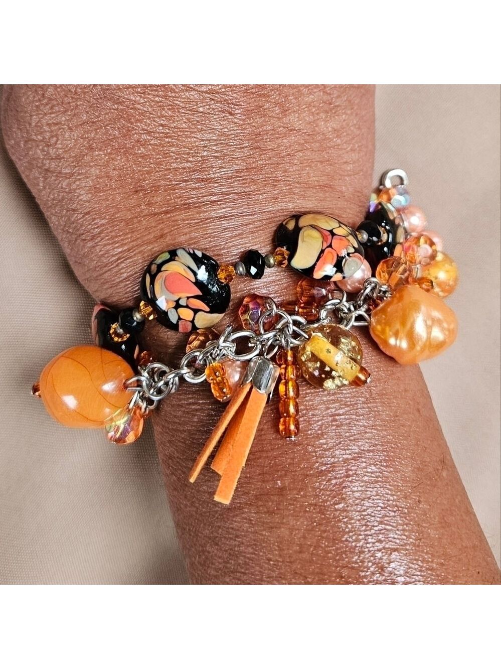 Orange Duo Agate and Bead Statement Bracelets
